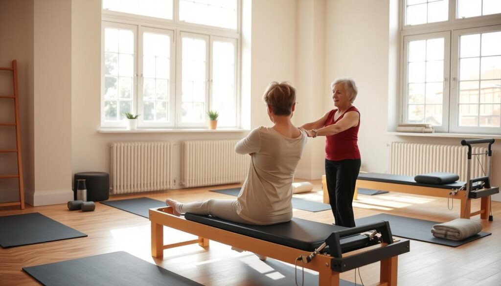 Pilates instructor working with a client